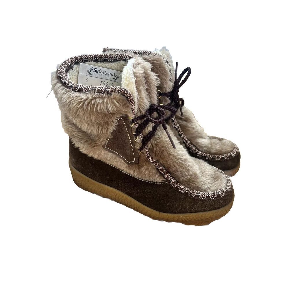 Vintage Snowland Faux Fur Wedge Rubber Heal Lace Up Retro‎ Women's 6